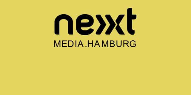schwarzes nextmedia.hamburg logo auf gelbem hintergrund